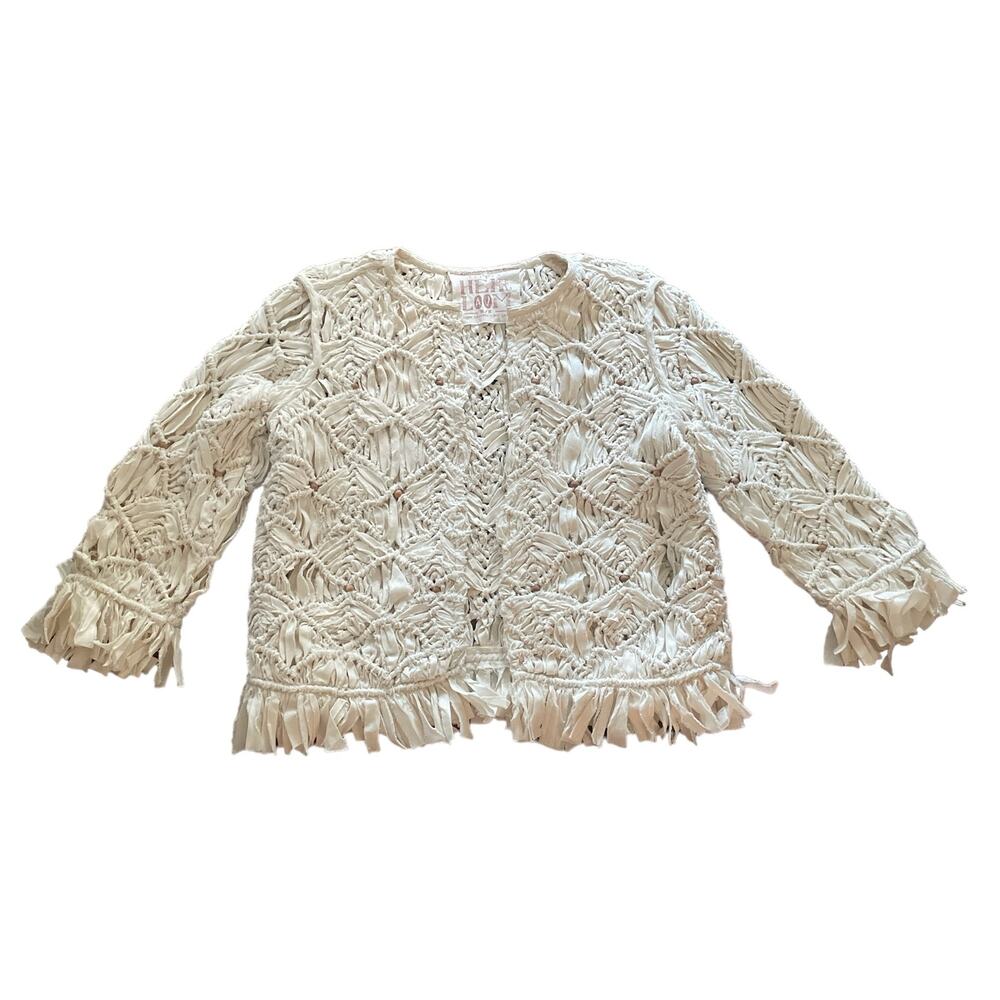 Free People Heirloom Cream Macrame Beaded Woven Festival Jacket Size Medium